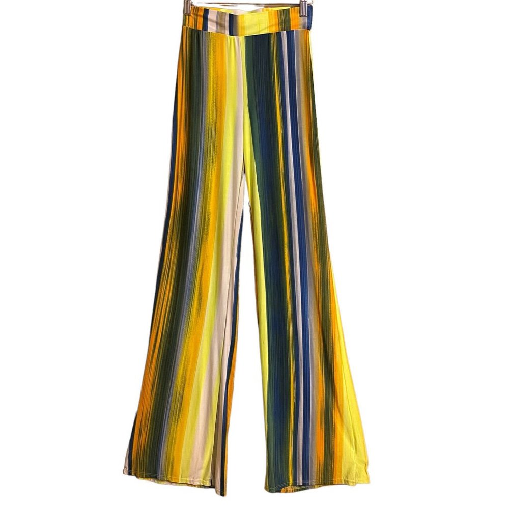 Annes Apparel Women Juniors Neon Striped Pull On Flare Pant Small Bell Stretch